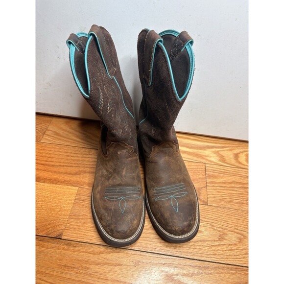 Women's 7.5 B Ariat Delilah Distressed Brown Teal Round Toe Cowboy Boots 38 - Picture 3 of 8